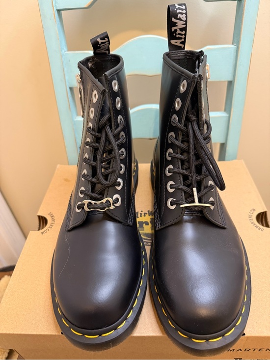 Dr. Martens Shoes - Dr. Martens Black Leather Boots with Yellow Stitching